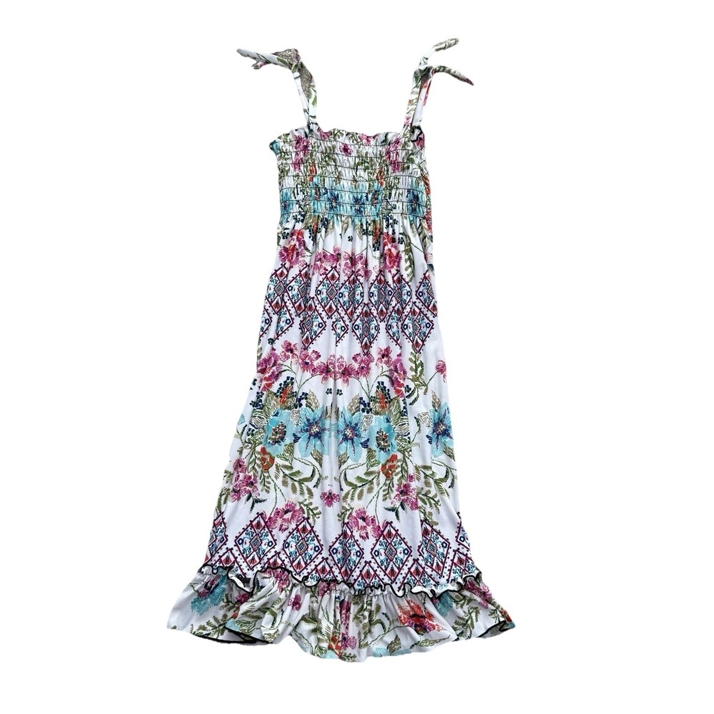 Lildy Sundress Junior Size 7-10 White Floral Smocked Tie Strap Ruffle Midi Dress